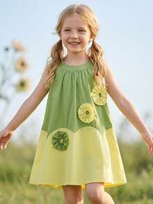 Young Girl Cute Applique Colorblock Casual Dress For Summer - Green - View 1