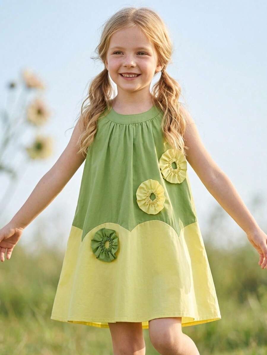 Young Girl Cute Applique Colorblock Casual Dress For Summer - Green - View 1