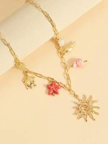 1 pieza Collar de estilo de vacaciones en el océano con estrella de mar, concha y caracol, collar de cadena de tortuga azul multifuncional, versión para niños - Dorado - Ver 3