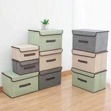 1 Washable Linen Foldable CD Storage Box, Foldable Storage Bin, Toy Organizer Basket With Lid, Laundry Hamper (Actual Size 26x19x16cm Is The Khaki Storage Box In The Top Right Of Figure 3, 37x24x24cm Is The Khaki Storage Box In The Middle Left Of Figure 3. Due To Production Batch Issues, There May Be A Slight Color Difference Between The Actual Product And The Image, Which Is Normal And Does Not Affect Use) - Khaki - View 8