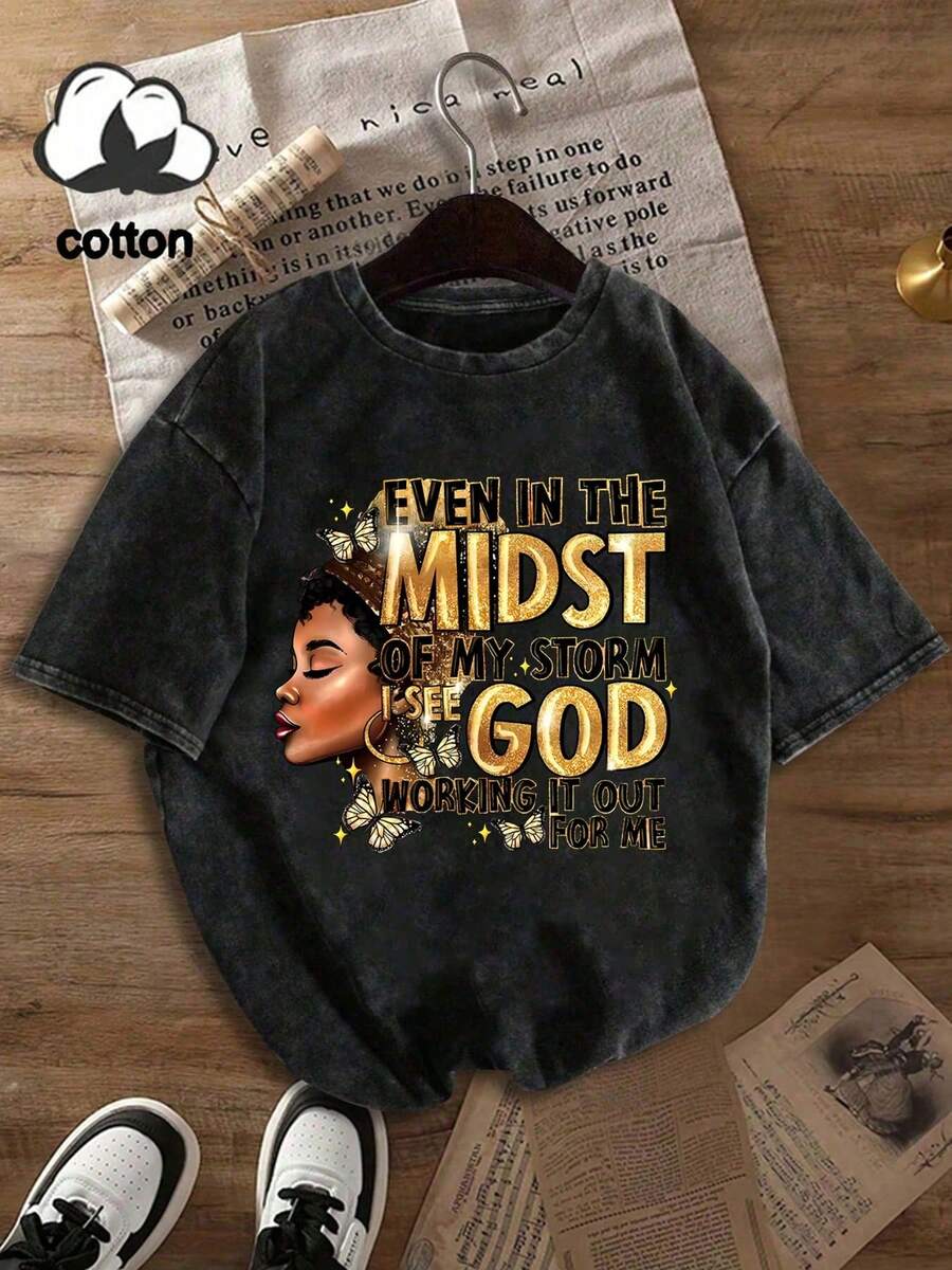 La Nueva Camiseta de Estilo Americano 100% Algodón Puro, Adecuada Tanto para Hombres como para Mujeres. Dios está arreglando todo para mí. Dios está conmigo y nos ayudará a superar la tormen - Negro - Ver 1
