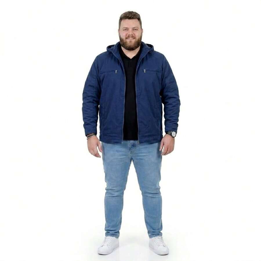 Men's Plus Size Lined Twill Jacket With Pockets - Blue - View 1