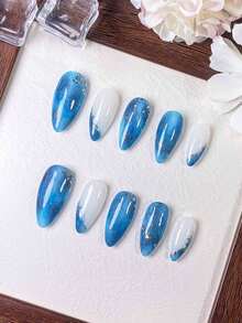 10 Pieces Of Handcrafted Almond-Shaped Nail Art In Blue/Black With Cat Eye Detailing And Fine Glitter. Accented With Silver Sequins. A Tie-Dye Design Exuding High-End, Luxurious, And Refined Elegance, Reminiscent Of Sinking Into The Ocean. Nails Handmade Press On Nails - Blue - View 13
