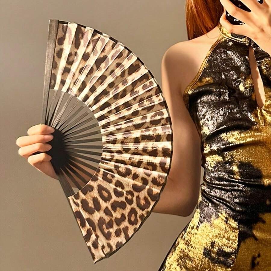 1件優雅豹紋摺疊扇,黑色框架 - 時尚公主主題,輕巧便攜,適合女性,手持扇|公主主題扇|輕巧扇 - A - 查看 1