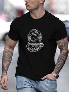 Camiseta casual de manga corta para hombre con dise?o de casco de buceo vintage, estilo náutico y minimalista, cómoda y holgada, ideal para amantes del mar. - Negro - Ver 1