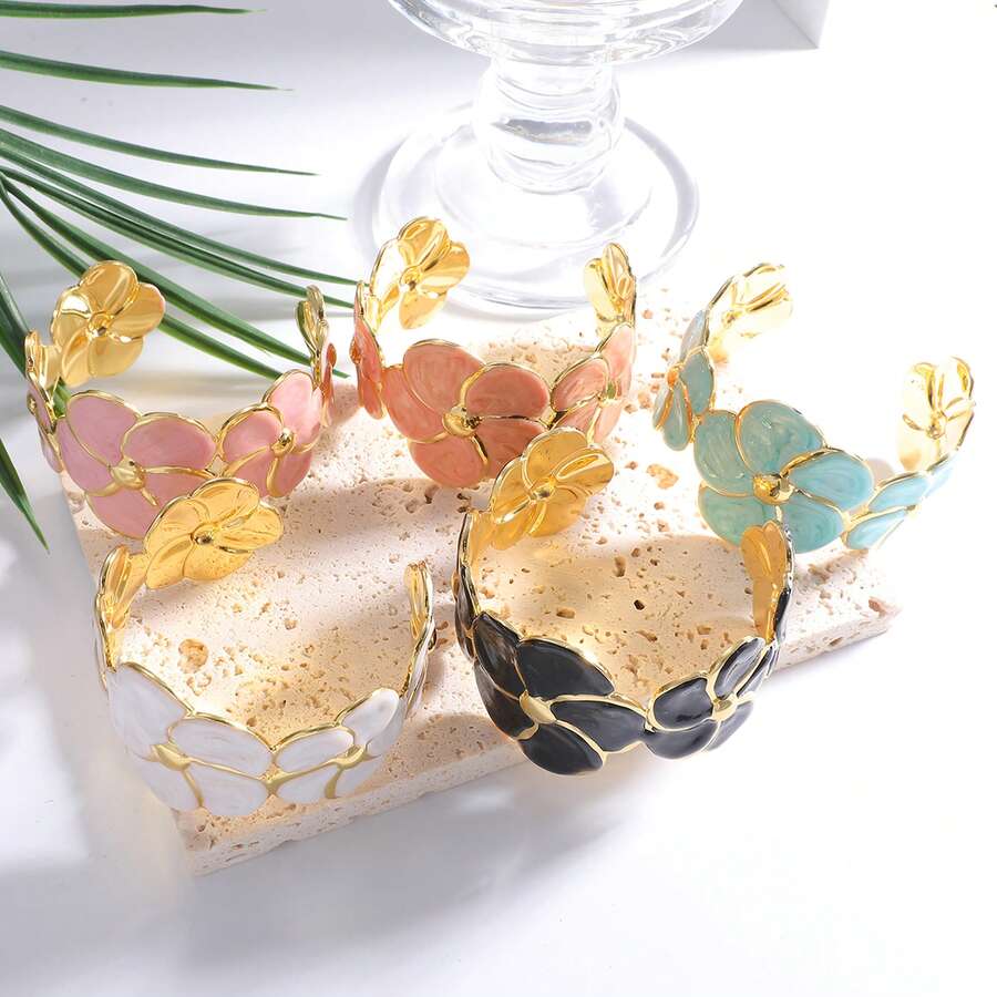 3D Floral Open Cuff Bracelet - Romantic Vintage Style Hand Accessory, Daily Commute/Date/Vacation, Gold Trim+Multiple Colors Available+Exquisite Petals - Multicolor - View 1