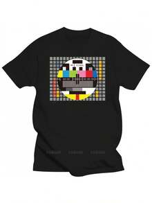 mbre con Estampado de Señal de TV - Estampado nostálgico de barras de señal de TV y estática, camiseta de algodón de corte holgado estilo casual urbano, top cómodo para todas las estaciones. - Negro - Ver 1