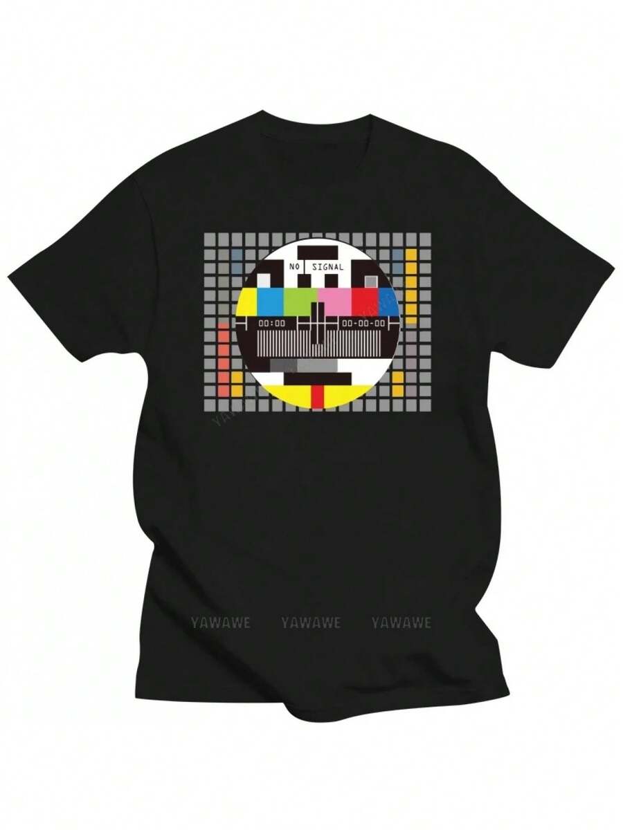 mbre con Estampado de Señal de TV - Estampado nostálgico de barras de señal de TV y estática, camiseta de algodón de corte holgado estilo casual urbano, top cómodo para todas las estaciones. - Negro - Ver 1