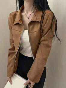 Women's Faux Suede Zip-Up Jacket, Collared, Solid Color, Casual Wear For School, Airport, Spring & Autumn - Yellowish Brown - View 4
