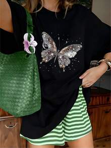 Glamorous Silver Rhinestone Butterfly Graphic T-Shirt, 100% Cotton Oversized Soft Breathable Elegant Tee, Casual Crewneck Short Sleeve Top For Parties & Fashion Lovers - 黑色 - 查看 10