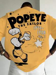 Kaos Lengan Pendek Pria Ukuran Besar Longgar Kasual Warna Kuning Mustard Vintage dengan Gambar Karakter Kartun di Bagian Belakang - Jahe - View 1