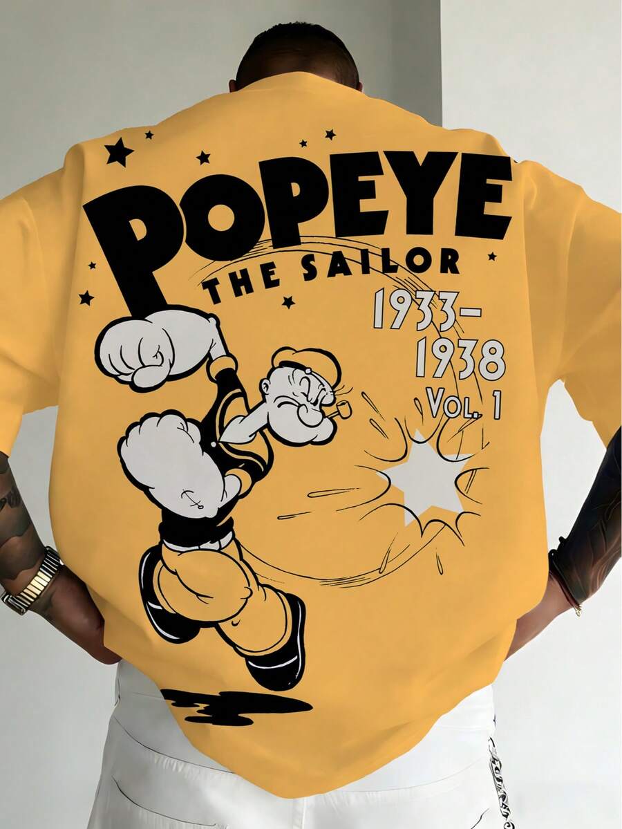 Kaos Lengan Pendek Pria Ukuran Besar Longgar Kasual Warna Kuning Mustard Vintage dengan Gambar Karakter Kartun di Bagian Belakang - Jahe - View 1