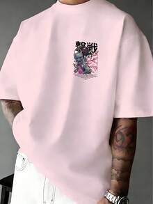 Light Pink Japanese Mask Cherry Blossom Samurai Print Short Sleeve T-Shirt Men Ukiyo-E Style Loose Fit Plus Size Top - Pink - View 2