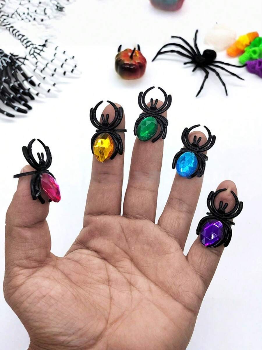 40 piezas Anillos de araña de diamante de Halloween con gemas de colores, joyería de plástico para bromas - A - Ver 1