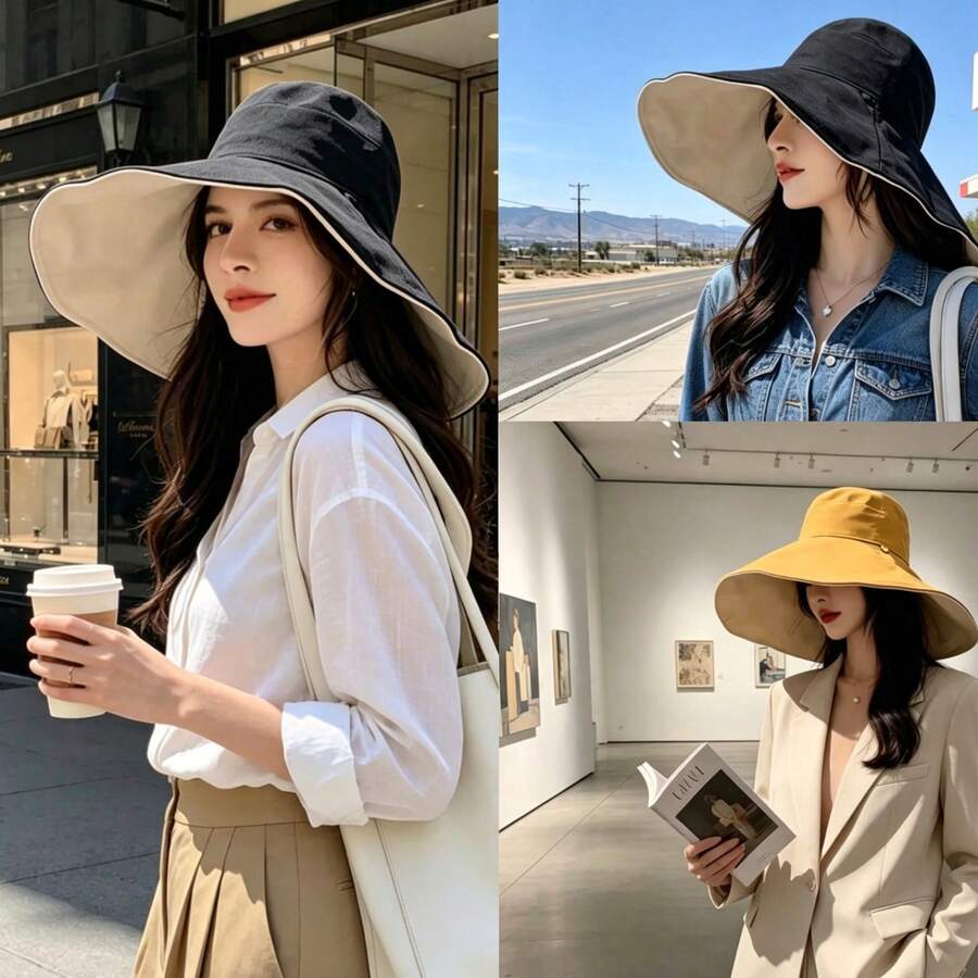 1pc Women's Adjustable Drawstring Bucket Hat, Reversible Soft Sun Hat With Chin Strap, Windproof & UV Protection Travel Beach Daily Hat - Multicolor - View 1