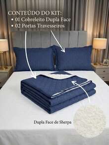 Single/Queen Double-Sided Bedspread Set With Sherpa Alaska 03 Pieces - Premium Soft Touch - 海軍藍 - 查看 3