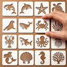 16pcs Reusable Ocean Creature Stencils, 3 Inch, Includes Whale, Orca, Crab, Mermaid, Sea Turtle, Starfish, Seahorse, Shark, Jellyfish, Dolphin, Coral, Shell Shapes Painting Templates, Suitable For Wood, Wall, Fabric, Glass, Stone Painting Craft Art Templates, DIY Art Scrapbook Projects, Drawing Tools - Sets - View 1