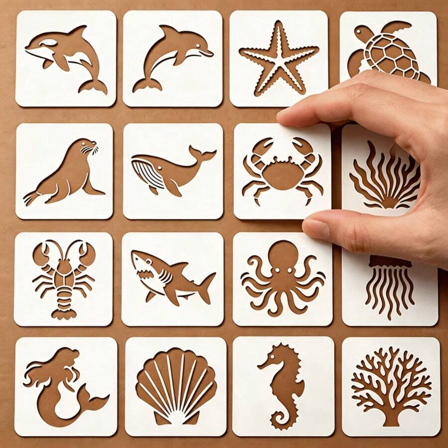 16pcs Reusable Ocean Creature Stencils, 3 Inch, Includes Whale, Orca, Crab, Mermaid, Sea Turtle, Starfish, Seahorse, Shark, Jellyfish, Dolphin, Coral, Shell Shapes Painting Templates, Suitable For Wood, Wall, Fabric, Glass, Stone Painting Craft Art Templates, DIY Art Scrapbook Projects, Drawing Tools - Sets - View 1