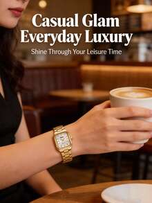 BIDEN Women's Watch, Exquisite And Stylish Square Dial Quartz Watch With Charm, Classic Gold + Box - Gold - View 2