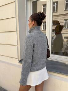 Women's Stand Collar Double Zipper Long Sleeve Autumn/Winter Minimalist Casual Fashion Versatile Knit Cardigan, Suitable For Daily Outings And Street Commuting - Grey - View 3