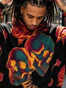 Sudadera con capucha y estampado de calavera para hombre; tejido cómodo, ideal para el día a día. Sudadera para hombre | Moda urbana | Atuendo para el Día de los Muertos - Naranja - Ver 4