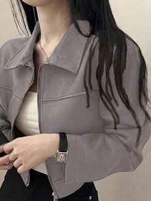 女士休闲纯色仿麂皮绒领拉链短外套，春秋冬季 - 灰色 - 查看 4