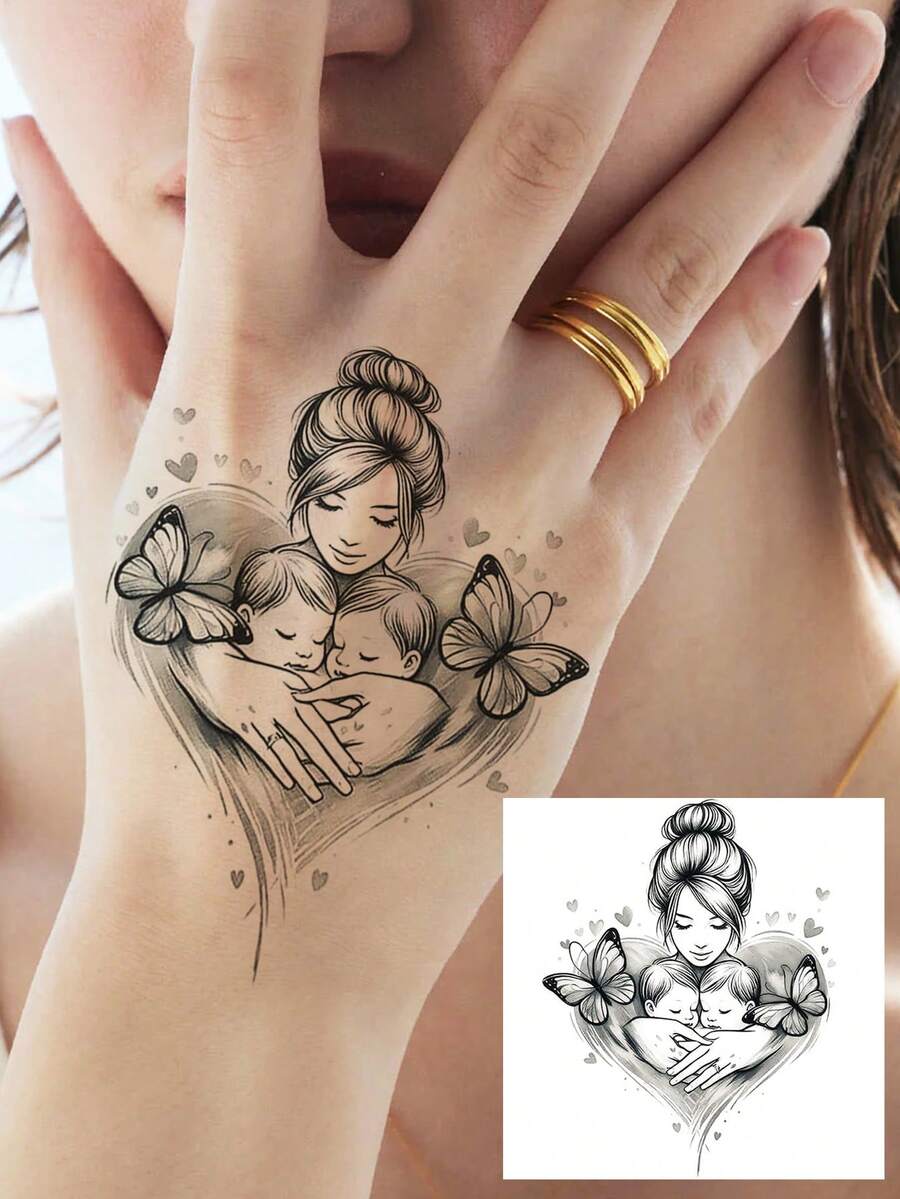 1張家庭愛蝴蝶臨時紋身貼紙,適用於女性、男性、成人,手臂、大腿、袖子、腿部、前臂,持久防水逼真半假紋身貼紙 - 黑色 - 查看 1