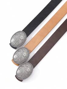 Vintage Cowboy Style Black Faux Leather Belt, Retro Engraved Silver Oval Buckle Adjustable Ladies Waistband - Carved Buckle Thin Leather Belt - View 3