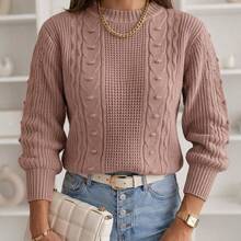 Women's Long-Sleeved Ribbed Blouse With A Round Neck And Braided Knit Details, In A Wool-Like Fabric. - 藕粉色 - 查看 1