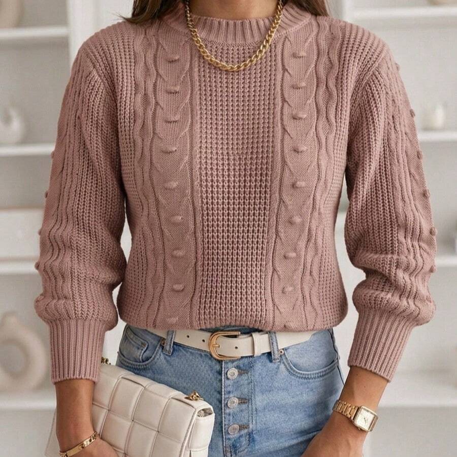 Women's Long-Sleeved Ribbed Blouse With A Round Neck And Braided Knit Details, In A Wool-Like Fabric. - 藕粉色 - 查看 1
