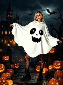 1pc Halloween Ghost Hooded Costume Adult Funny Pumpkin Face Cape Cosplay Outfit Prop - White - View 4