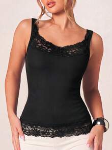 Tank Top Model French Wave Lace Trim Hem Splicing, Ribbed Slim Fit, Polos Minimalis Serbaguna untuk di Rumah dan Perjalanan - Hitam - View 2