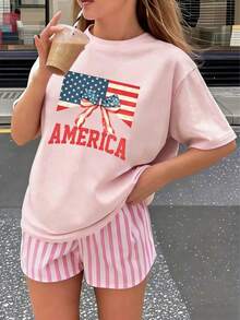 1 Pack Of Girls' Casual Printed Round Neck Short Sleeve T-Shirts, Summer Clothes For Young Students - 粉紅色 2 - 查看 1