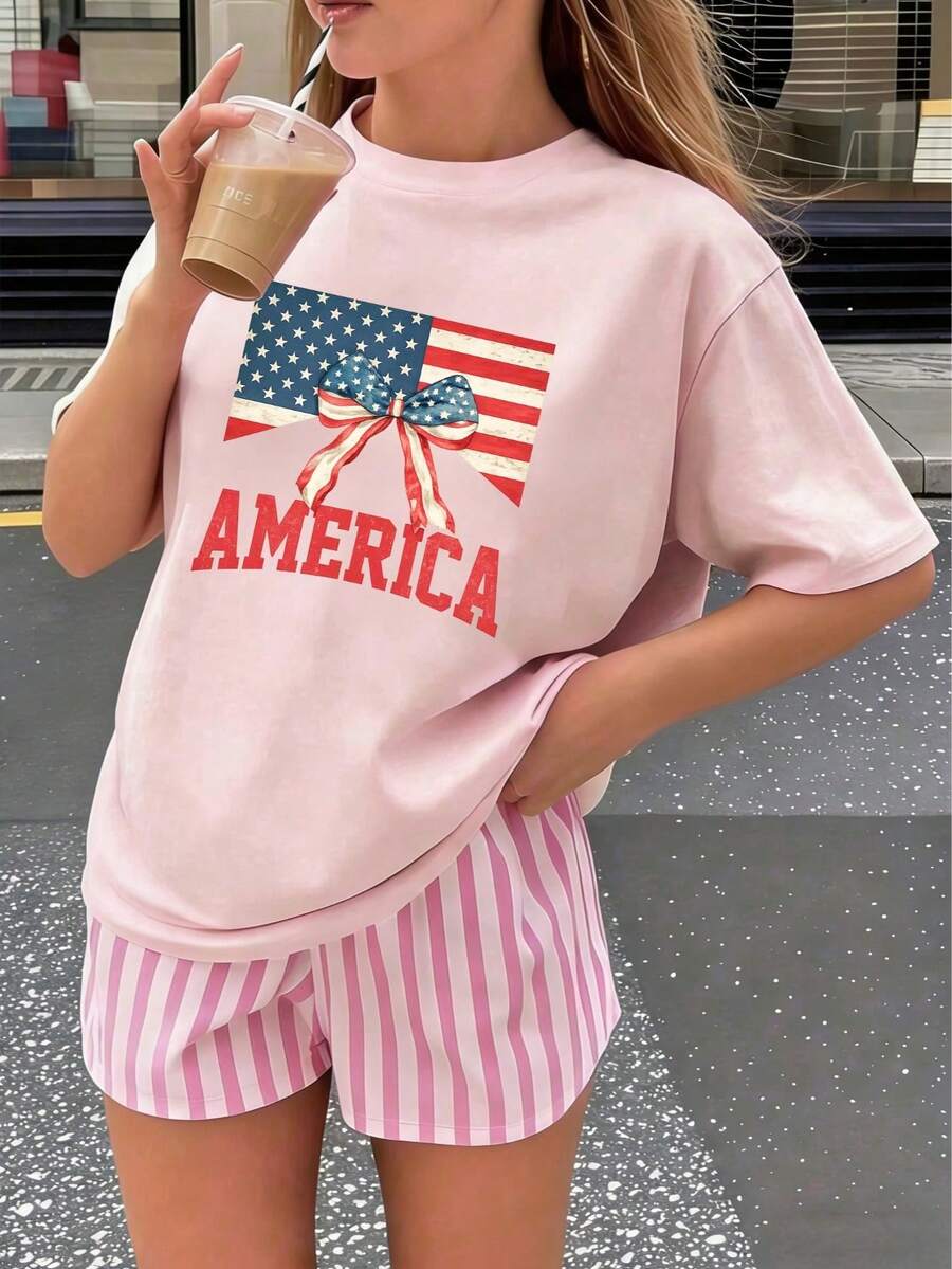 1 Pack Of Girls' Casual Printed Round Neck Short Sleeve T-Shirts, Summer Clothes For Young Students - 粉紅色 2 - 查看 1