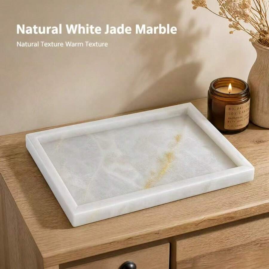 White Jade Stone Tray, Natural Stone Storage Tray, Aesthetic Vanity Tray Suitable For Cosmetics, Jewelry, Candles, Coffee Table Storage Decor Stone - White Marble Tray - View 1
