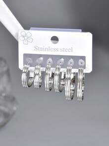 6pcs/Set Women's Stainless Steel Geometric Design C-Shaped Hoop Earrings Set, Suitable For Daily Wear - 1623 - View 7