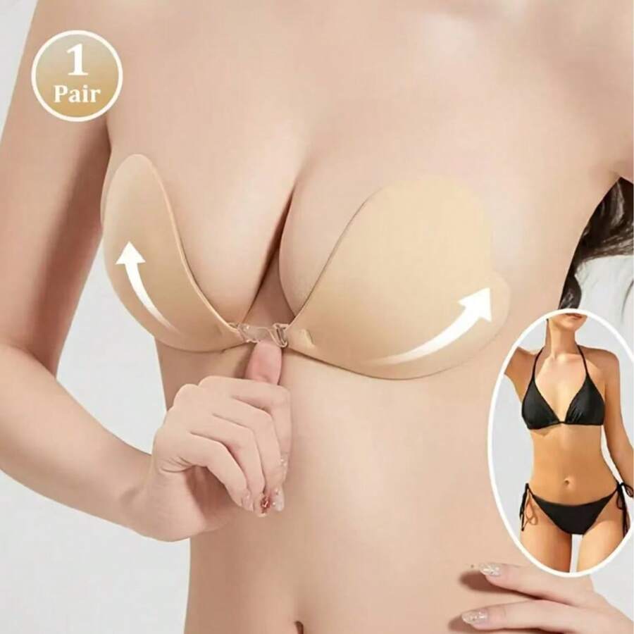1pc Heart-Shaped Bikini Nipple Covers, Invisible Anti-Chafing One-Piece Summer Front-Clasp Push-Up Lifting Breast Pads - Multicolor - View 1
