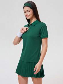 KyrLssu 女款素色領口短袖 Polo 衫，女款匹克球高爾夫網球運動套裝，休閒夏季 T 恤，適合健身、戶外、日常工作 - 綠色 - 查看 3