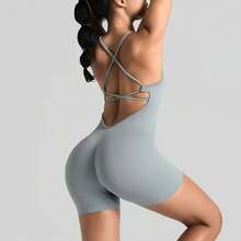Mono corto de yoga sexy y ajustado para mujer, sin costuras en la espalda, transpirable y de secado rápido, para gimnasio, correr, pilates, fitness y yoga. - shenhui - Ver 4