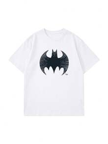 SHEIN X BATMAN 放射狀線條蝙蝠標誌圓領T卹，寬鬆街頭風上衣，適合動漫展和夏季派對等場合，休閒白色 - 白色 - 查看 4