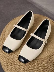 MonaNise Square Toe Low Block Heel Work Pumps - Black and White - View 3