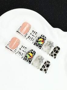 10入組手工壓克力多層凝膠法式穿戴式美甲套組含美甲工具，3D可拆卸手繪假指甲片，邪惡之眼、水鑽星星與豹紋字母印花，亮片閃耀可重複使用長效，Y2K甜酷女孩風 - 彩色 - 查看 3