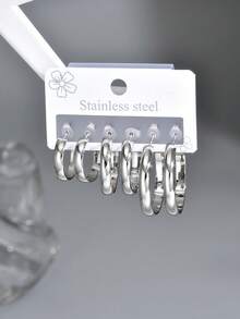 6pcs/Set Women's Stainless Steel Geometric Design C-Shaped Hoop Earrings Set, Suitable For Daily Wear - 1622 - View 5