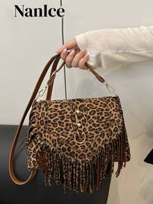 2026 Fringe Retro Leopard Print Crossbody Bag - Brown - View 12
