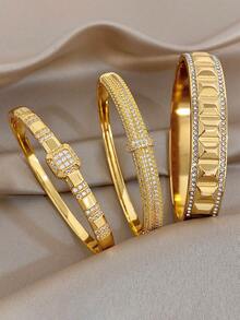 18K Golden Plated Minimalist Asymmetrical Bangle Bracelet Sets For Women Luxury Zirconia Bangle For Valentine'S Day Party Festival Jewelry Gifts - Multicolor - View 1