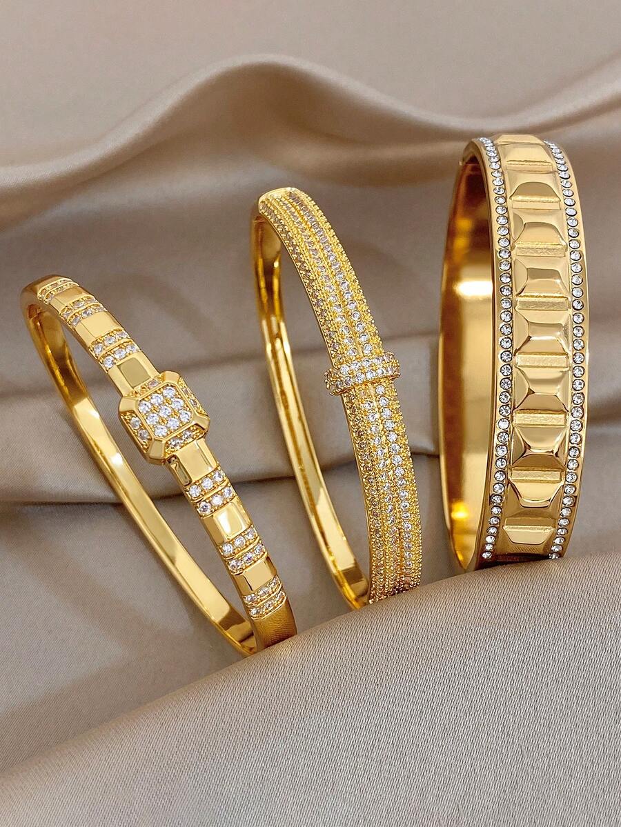 18K Golden Plated Minimalist Asymmetrical Bangle Bracelet Sets For Women Luxury Zirconia Bangle For Valentine'S Day Party Festival Jewelry Gifts - Multicolor - View 1