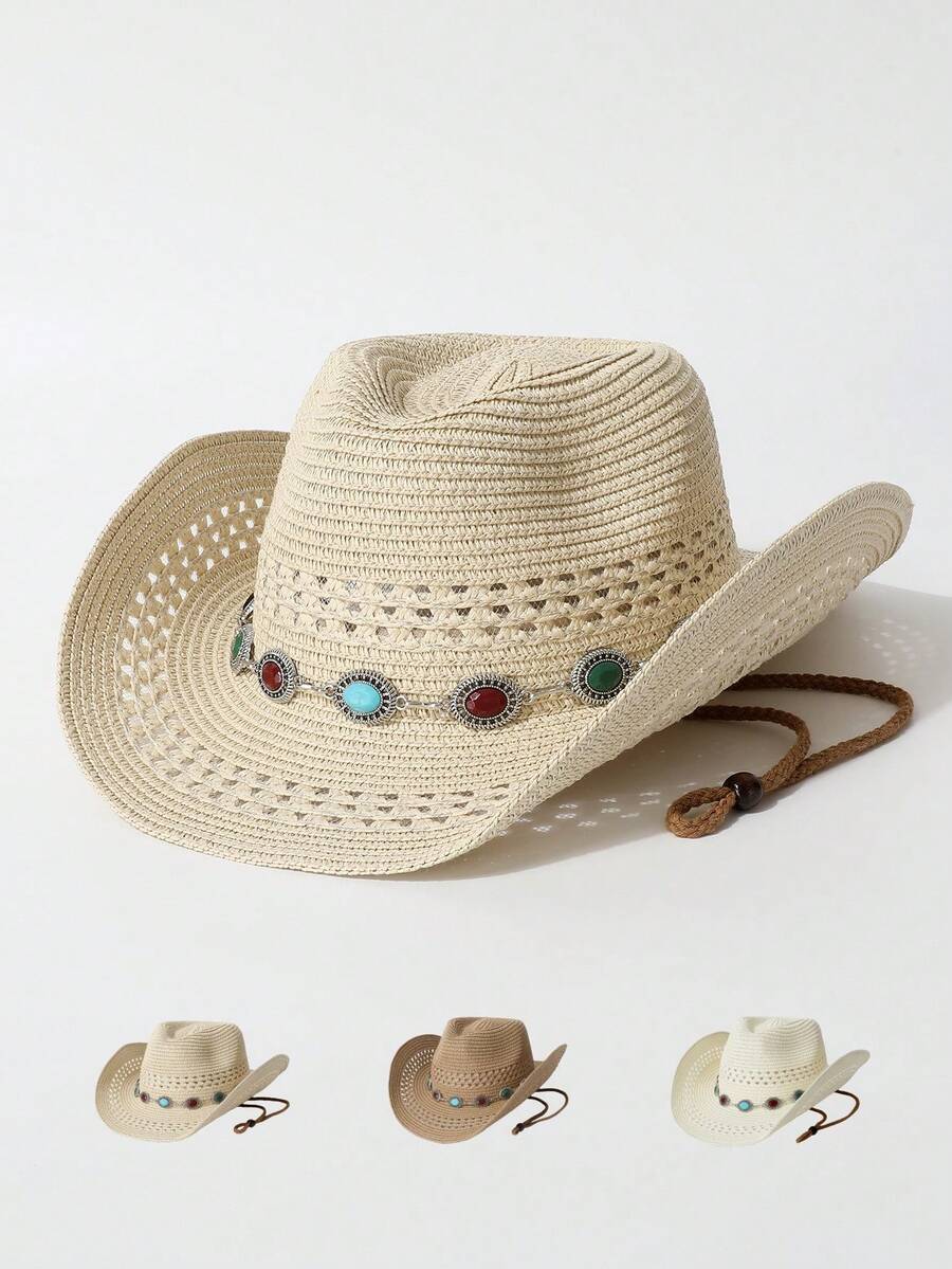 1 pieza Sombrero de paja hueco con decoración de cadena de circonita para mujer, Fedora, sombrero de vaquero occidental, sombrero Panamá transpirable con protección solar para primavera/verano, adecuado para fotografía de viajes, uso diario, fiestas, eventos de temática occidental, reuniones, cosplay, ceremonia de graduación, mascarada, festivales, celebraciones de cumpleaños, conciertos, senderismo al aire libre y camping - sombrero de copa - Ver 1