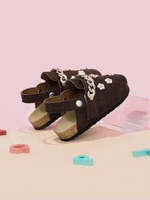 Zapatos tipo mule para niñas en color marrón café con cadena de strass y lazo de strass con hebilla decorativa 3D, adecuados para todas las estaciones, zapatos de punta cerrada con espalda abierta y sin cordones - Café integral - Ver 7