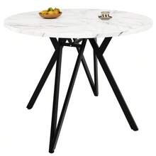 Dining Set (5 Pieces), Including A Table And Four Chairs, A Modern Kitchen Set, A Round Table 100 Cm In Diameter, Black Metal Legs, A Marble Effect MDF Top And Grey Linen Dining Chairs. - Black - View 11