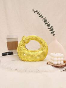 Mini Hobo Bag In A Crescent Shape, Fully Covered In Rhinestones, Integrated Circular Handle With Bow, Zipper, Various Colors, Women's Party, Wedding, Birthday Gift - 橘色 - 查看 2